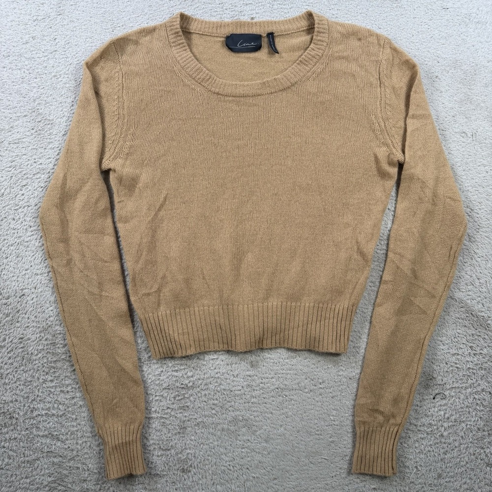 Line Women Sweater Womens Small Tan 100% Cashmere Crewneck Cropped Pullover Soft